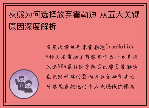 灰熊为何选择放弃霍勒迪 从五大关键原因深度解析